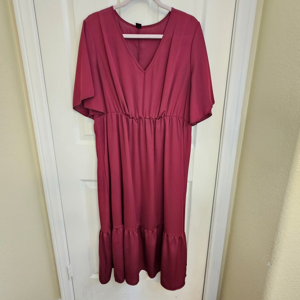 Shein Curve 2XL Burgundy Flutter Sleeve Tiered V-Neck Midi Dress Plus Size